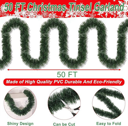 50 Ft Christmas Garland Decor Artificial Greenery Pine Garlands Xmas Decorations for Fireplace Stairs Mantle Home Holiday Party Soft Green Garland Christmas Decoration Indoor Outdoor
