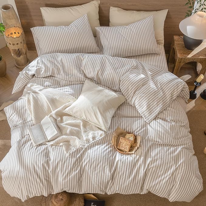 MooMee Striped Duvet Cover Set 100% Washed Cotton Linen Like Textured Breathable Durable Soft Comfy (Tannish Linen Grey White Classic Stripes, Twin 68"x90")