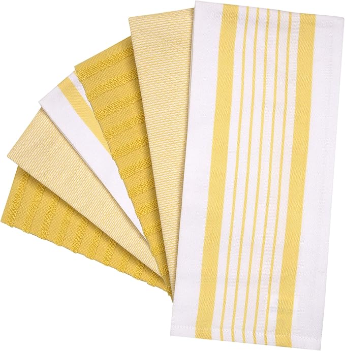 Premium Kitchen Towels 6 Pack Large Cotton Flat Terry Absorbent Tea Towels with Hanging Loop Yellow Striped 20x28