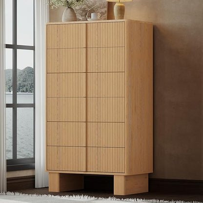 Fluted Dresser for Bedroom with 6 Drawers, 51'' H Modern Chest of Drawers with Wooden Handle, Wooden Dresser TV Stand, Wood Closet Clothes Storage Organizer for Living Room, Hallway, Light Oak
