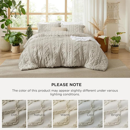 Bedsure Tufted Boho Comforter Set Twin Size - Linen Boho Bed Set, GentleSoft™ 2 Pieces Farmhouse Shabby Chic Embroidery Bedding, Gifts for Woman, Soft Jacquard Twin Comforter for All Seasons