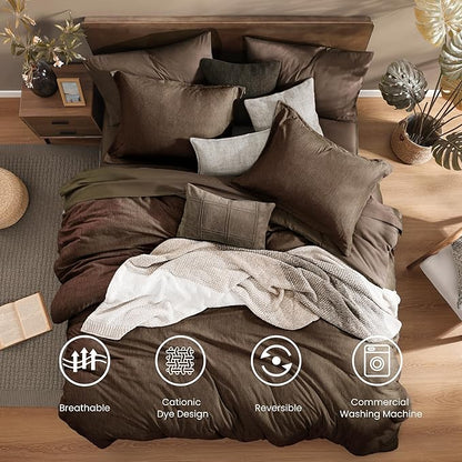 Monbix King Size Comforter Set, Chocolate Brown King Bedding Set Reversible, King Comforter Set 7 Pieces, Cationic Dyeing Bed in a Bag with Comforter, Sheets, Pillowcases & Shams