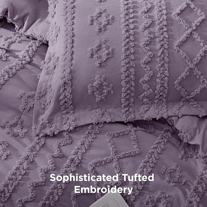 Bedsure Tufted Boho Comforter Set Queen Size - Grayish Purple Boho Bed Set, GentleSoft™ 3 Pieces Farmhouse Shabby Chic Embroidery Bedding, Gifts for Woman, Jacquard Queen Comforter for All Seasons