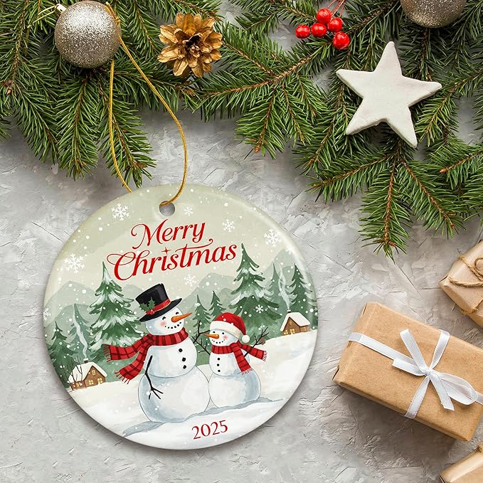 ZAGKOO Snowman Christmas Ornament 2025 - Merry Christmas Dated 2025 Ornaments for Tree, Beautiful Snowman Gifts for Family, Friends, Coworkers - Ceramic Hanging Ornament for Holiday Decoration