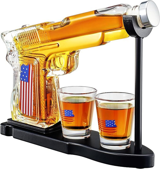 Gifts for Men Dad, Father Whiskey Decanter Set - 8 Oz with Two 2 Oz Glasses, American Flag Pistol Gun Anniversary Birthday, Home Bar Gifts, Drinking Military Present Dispenser, Him Husband Bar Gift