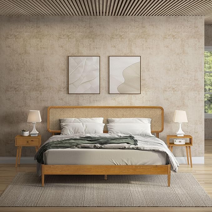 NTC Lupin Wooden Bed Frame with Headboard and Natural Rattan, Solid Oak/Rubber Wood Foundation with Silent Slats, 1000 Lb Capacity, Effortless Assembly (Natural Cane - Rustic Oak, King)