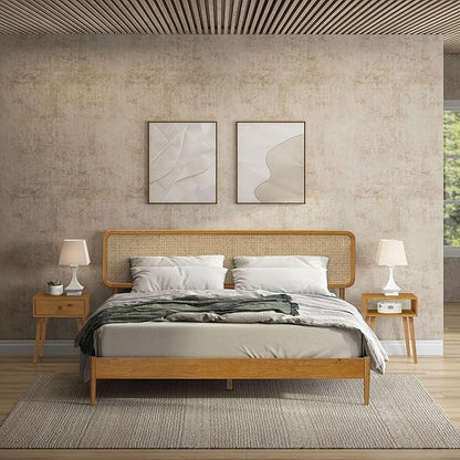 NTC Lupin Wooden Bed Frame with Headboard and Natural Rattan, Solid Oak/Rubber Wood Foundation with Silent Slats, 1000 Lb Capacity, Effortless Assembly (Natural Cane - Rustic Oak, King)