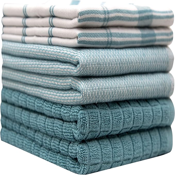 Premium Kitchen Towels 6 Pack Large Cotton Flat Terry Absorbent Tea Towels with Hanging Loop Teal Check 20x28