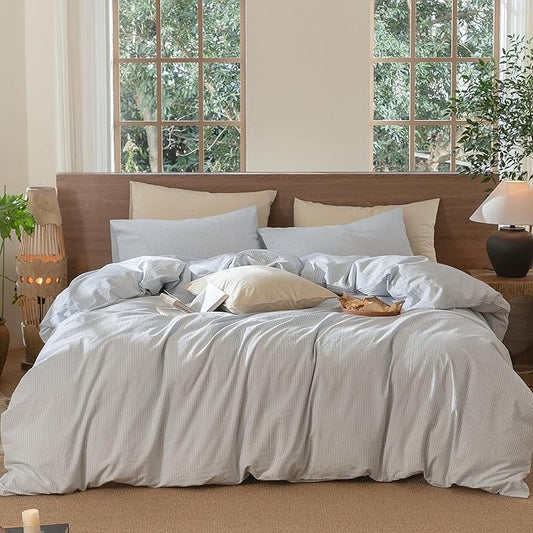 MooMee Striped Duvet Cover Set 100% Washed Cotton Linen Like Textured Breathable Durable Soft Comfy (Cornflower Blue White Pinstripes, Oversized King Plus 128"x120")