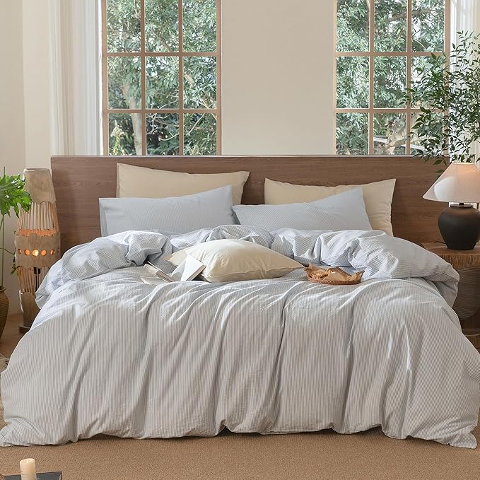 MooMee Striped Duvet Cover Set 100% Washed Cotton Linen Like Textured Breathable Durable Soft Comfy (Cornflower Blue White Pinstripes, Super King Plus 120"x120")