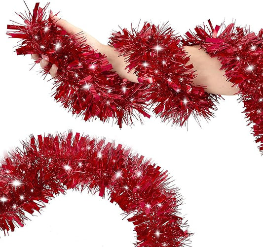 50FT Red Tinsel Christmas Garland Metallic Twist Garland Shiny Hanging Tinsel for Christmas Tree Party Supplies Indoor Outdoor Home Xmas Decoration (Red)