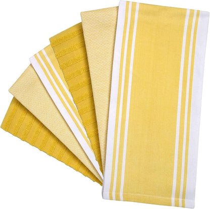 Premium Kitchen Towels 6 Pack Large Cotton Flat Terry Absorbent Tea Towels with Hanging Loop Wide Stripe Yellow 20x28