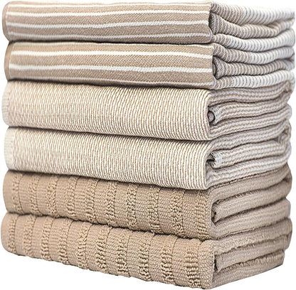 Premium Dish Towels 6 Pack Large Cotton Flat Terry Absorbent Tea Towels with Hanging Loop Tan 20x28