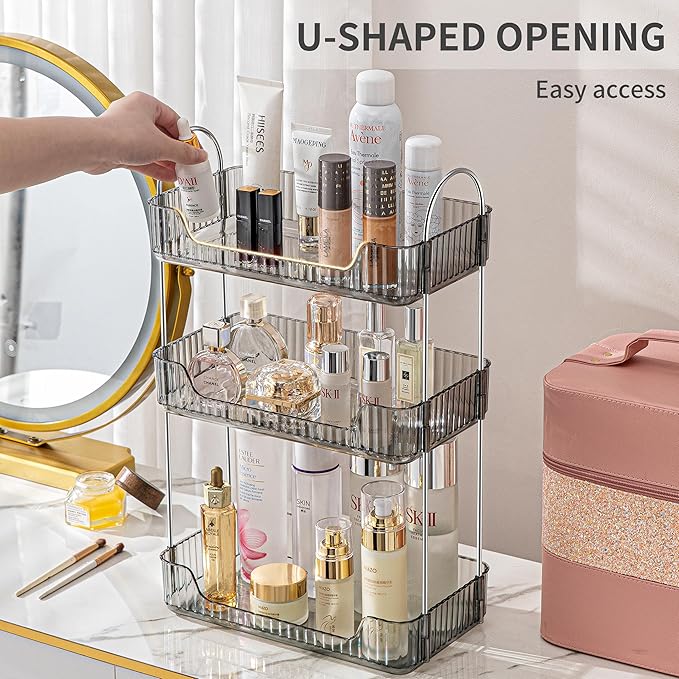 3 Tier Bathroom Organizer Countertop Makeup Perfume Skincare Organizer for Bathroom Dresser Vanity (Grey)