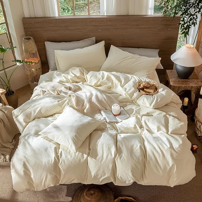 MooMee Wavy Striped Duvet Cover Set 100% Washed Cotton Linen Like Textured Breathable Durable Soft Comfy (Cream White, Oversized Queen 98"x98")