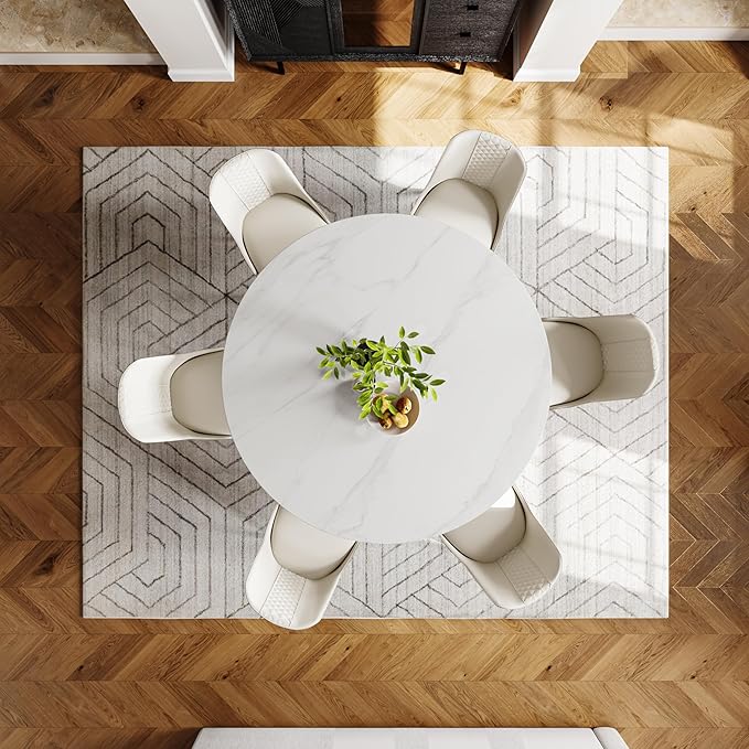 POVISON 59" Round Dining Table for 6, Glossy White Sintered Stone Dining Tabletop with Black Carbon Steel Base, Circle Kitchen Table for Dining Room (Table Only)