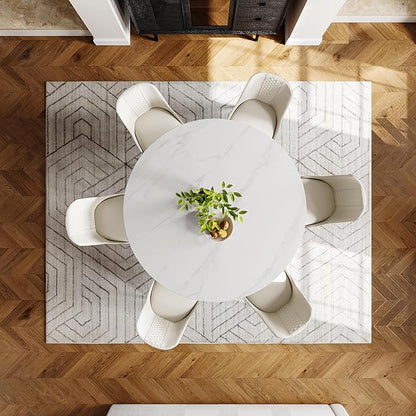 POVISON 59" Round Dining Table for 6, Glossy White Sintered Stone Dining Tabletop with Black Carbon Steel Base, Circle Kitchen Table for Dining Room (Table Only)