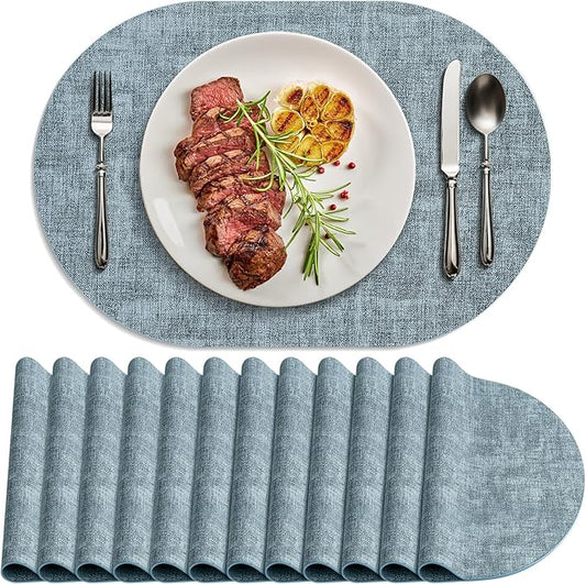 Placemats Set of 12 Washable, Heat Resistant Table Placemats Wipeable Faux Leather Oval Place Mats Non Slip, Waterproof Oval Table Mats for Indoor Outdoor, Light Blue