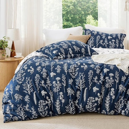 Bedsure Full Comforter Set - Navy Bed Set, 3 Pieces Cute Floral Bedding, 1 Soft Reversible Botanical Flowers Comforter and 2 Pillow Shams