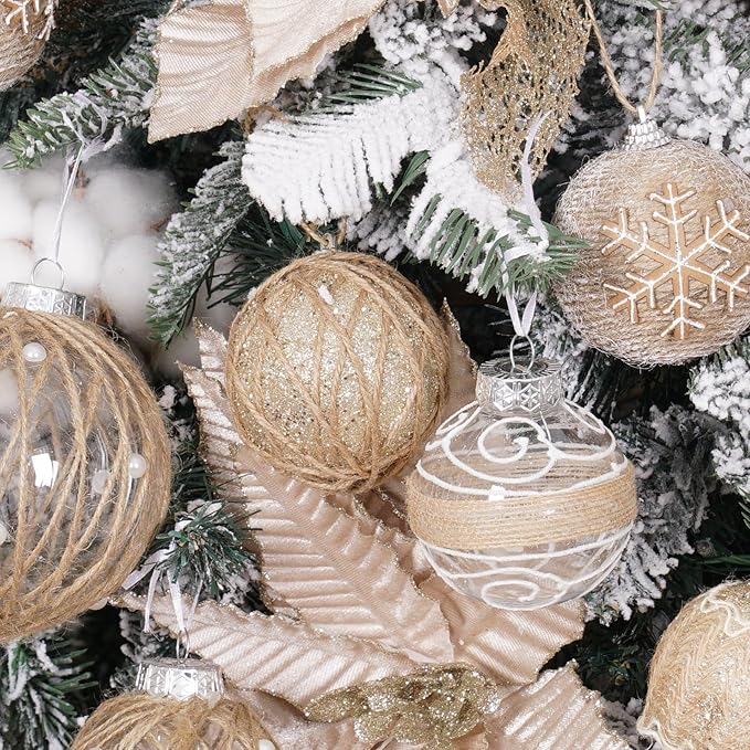 XmasExp Farmhouse Christmas Ball Ornaments Set-70mm/2.76" Shatterproof Rustic Xmas Tree Hanging Decoration (12 Counts,Beige & Champagne)