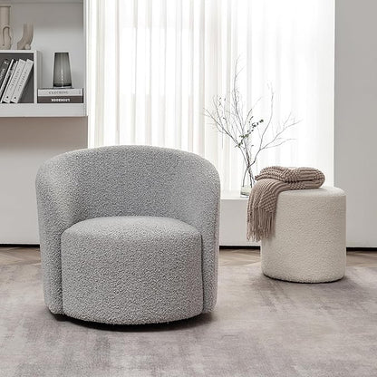 KINWELL 34" Boucle Swivel Barrel Chair with 18" Round Ottoman Set, Fully Assembled Set of Sherpa Accent Chair and Footrest, Modern Comfy Armchair and Footstool for Living Room and Bedroom, Black White