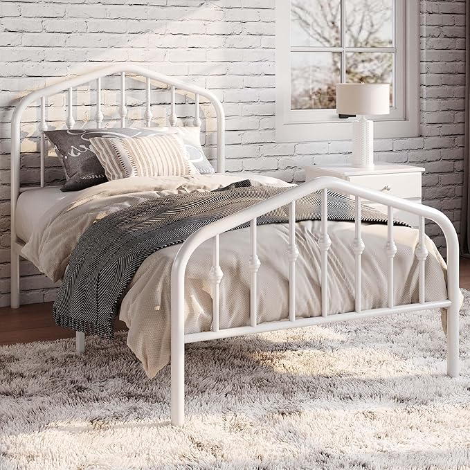 SHA CERLIN Twin Size Metal Platform Bed Frame with Victorian Style Wrought Iron-Art Headboard/Footboard, No Box Spring Required, White