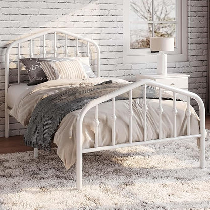SHA CERLIN Twin Size Metal Platform Bed Frame with Victorian Style Wrought Iron-Art Headboard/Footboard, No Box Spring Required, White