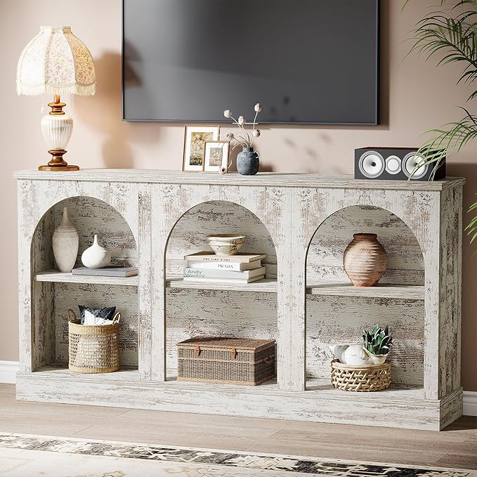 Tribesigns Farmhouse Console Table, 63-Inch Long Entryway Table with 3 Tier Storage, Wooden Rectangular Sofa Table Behind The Couch for Entrance, Hallway, Living Room, Distressed White