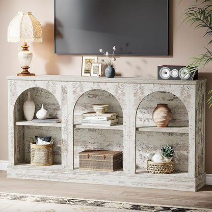 Tribesigns Farmhouse Console Table, 63-Inch Long Entryway Table with 3 Tier Storage, Wooden Rectangular Sofa Table Behind The Couch for Entrance, Hallway, Living Room, Distressed White