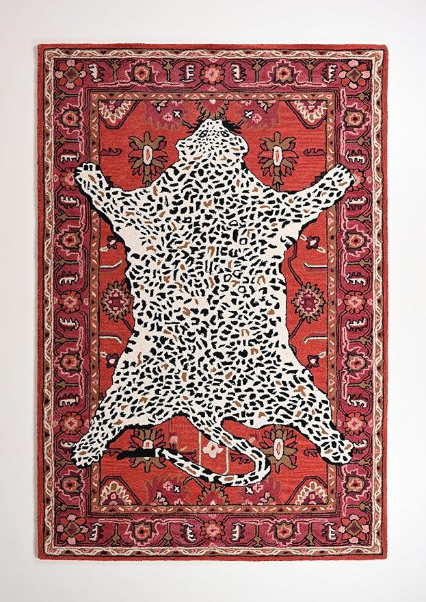 Handmade Leopard Wool Area Rug with Traditional Oushak Motif – Exquisite Animal Print Cheetah Rugs for Living Room, Bedroom | Plush Texture, Vintage Style, Thick & Durable Carpet (Rust, 8' x 10')