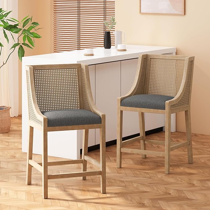 Merax 25.5" Fabric Upholstered Wood and Cane Counter Stools with Backrest,Set of 2,French Country Barstools Chair Dining Chair