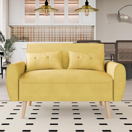 Vongrasig 47" Modern Loveseat Sofa Mid Century Linen 2 Seat Couch Tufted with Back Cushions and Tapered Legs, Yellow