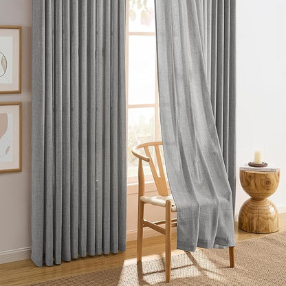 Grey Pinch Pleated Curtains 90 Inches Long 2 Panels, Soft Linen Textured Window Drapes for Bedroom Living Room Semi Sheer Light Filtering Back Tab with Hooks 70x90