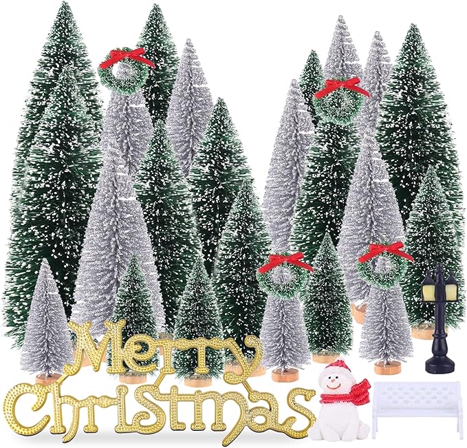 Mini Christmas Tree, Small Pine Tree with Wooden Bases for Xmas Holiday Party Home Tabletop Tree Decor (Silver/Green 30pcs)