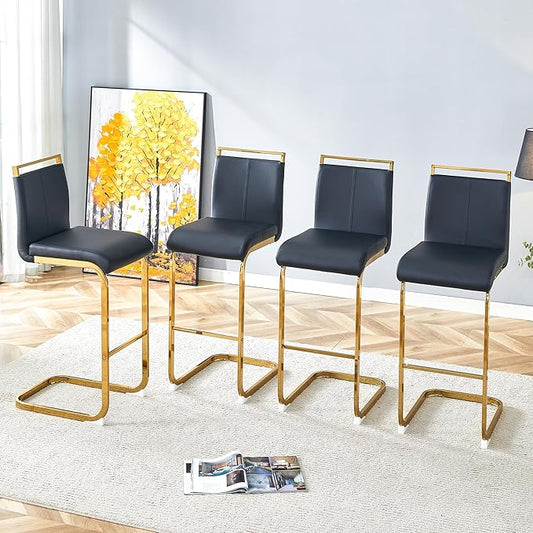 Counter Height Bar Stools Set of 4,Bar Stools with Back,30" Black Island Chairs with Gold Chrome Plated Metal Leg,Faux Leather Barstools for Pub Kitchen Counter Dining Chair