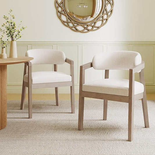 Christopher Knight Home Set of 2 Lanford Fabric Upholstered Dining Chairs, Curved Backrest Kitchen Side Chair, Soft Padded Seat&Back Cushion, Solid Wood Armchair, Ergonomic Extra Seat,Beige+Light Ash