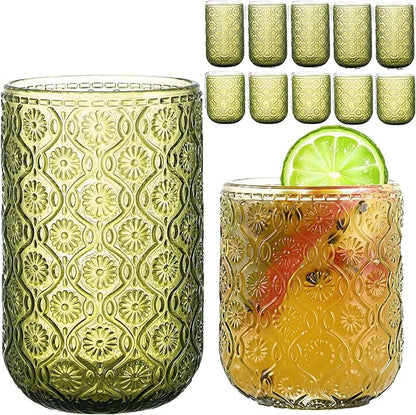 Green Drinking Glasses Set of 12, 12 Oz Highball & 10 Oz Cocktail Glasses, Green Kitchen Vintage Glassware Set, Floral Embossed Glass Tumbler Cups for Water, Beer, Juice, Whiskey, Coffee