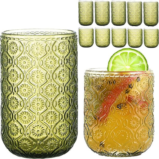 Green Drinking Glasses Set of 12, 12 Oz Highball & 10 Oz Cocktail Glasses, Green Kitchen Vintage Glassware Set, Floral Embossed Glass Tumbler Cups for Water, Beer, Juice, Whiskey, Coffee