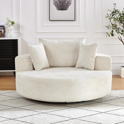 KEIKI 55" Oversized Swivel Accent Chair, Large Barrel Chairs Upholstered Round Swivel Chair, Chenille Single Sofa Armchair, Sleeper Chair for Living Room, Lounge, Beige