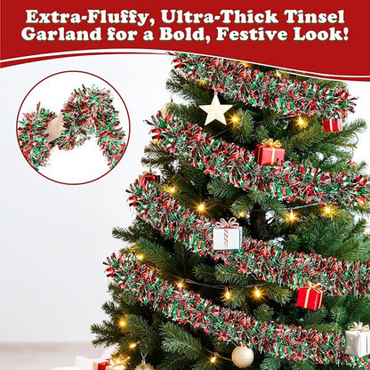 50FT Christmas Tinsel Garland, Red Green&Silver Metallic Twist Shiny Hanging Garland Ornaments for Christmas Tree, Party Supplies Thick Metallic Xmas Streamers