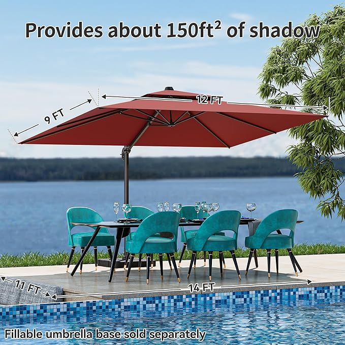 9x12FT Cantilever Patio Umbrella - Heavy Duty Double Layer Offset Design with 360° Rotation, Large Rectangle Sun Shade Umbrella for Garden, Deck, Pool, Backyard, Red