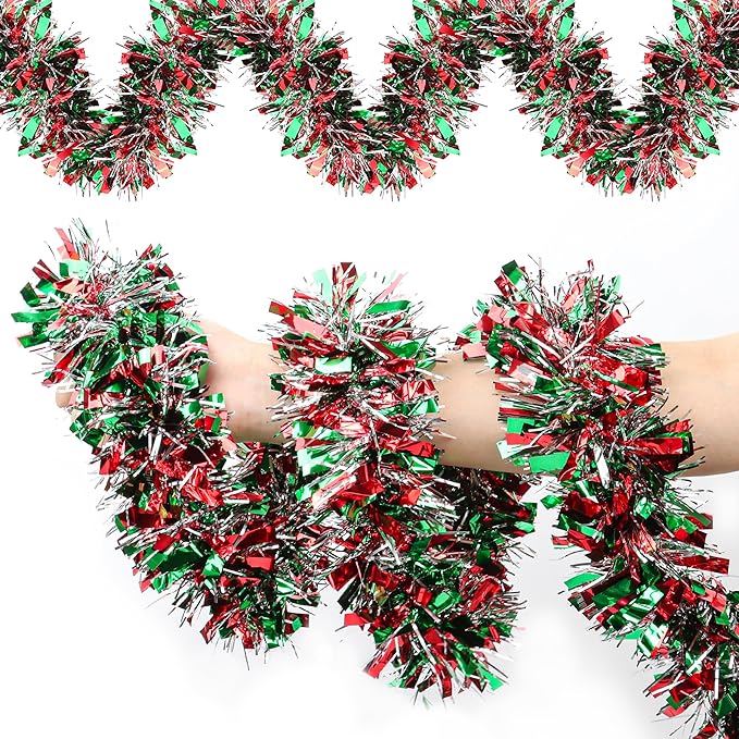 50 FT Christmas Tinsel Garland Christmas Decorations for Xmas Tree Decor Metallic Twist Shiny Hanging Garlands for Tree Mantel Stairs Fireplace Home Indoor Holiday Party Supplies (Red Green Silver)