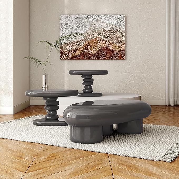 24/7 Shop at Home Kavren Modern 37-inch 3-Piece Oval Glossy Low Profile Coffee Table Set, Stone Shape Living Room Furniture for Small Space, Dark Grey