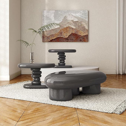 24/7 Shop at Home Kavren Modern 37-inch 3-Piece Oval Glossy Low Profile Coffee Table Set, Stone Shape Living Room Furniture for Small Space, Dark Grey