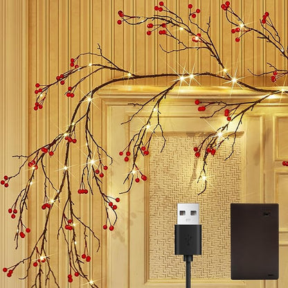 Fudios Lighted Red Berry Garland with Timer 120 LED 6FT Battery Operated USB Plug in,Lit Christmas Garlands Lights for Home Mantle Inside