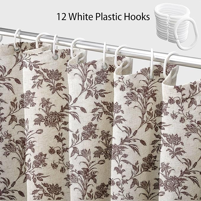 Brown Shower Curtain Floral Cotton Linen Cottagecore Shower Curtain for Bathroom 75" L x 72" W Long
