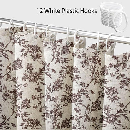 Brown Shower Curtain Floral Cotton Linen Cottagecore Shower Curtain for Bathroom 75" L x 72" W Long