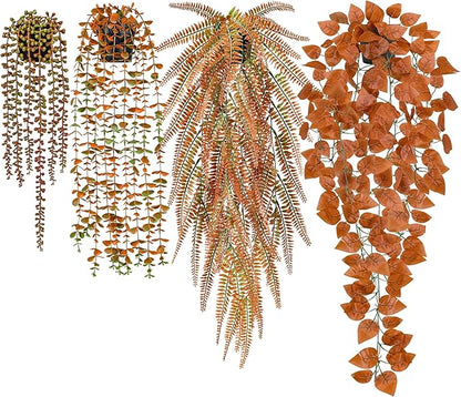 Der Rose 4Pcs Fake Fall Plants Hanging Orange Artificial Eucalyptus Plants, Boston Fern, Fake Potho, String of Pearls for Halloween Bathroom Table Centerpiece Wall Mantle Decor Indoor and Outdoor