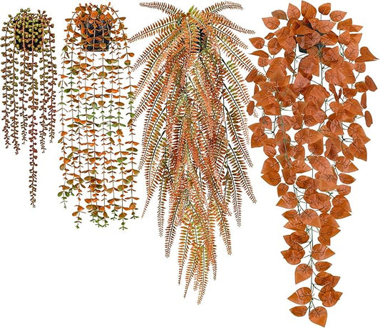 Der Rose 4Pcs Fake Fall Plants Hanging Orange Artificial Eucalyptus Plants, Boston Fern, Fake Potho, String of Pearls for Halloween Bathroom Table Centerpiece Wall Mantle Decor Indoor and Outdoor