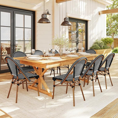 Martha Stewart Lily Pond Indoor-Outdoor Stackable Bistro Outdoor Chairs with Natural Woodgrain Aluminum Frame Finish, Black/White Woven Rattan Backrests/Seats, Set of 2